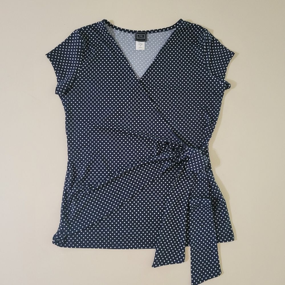 THX Women's Dark Navy Polka Dot Crossover Cap Sleeve Top